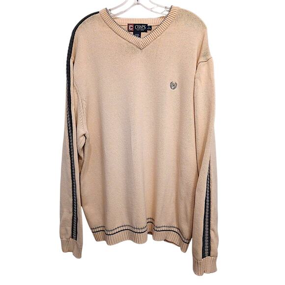 Chaps Thick Sweater Mens Sz XL Beige Side Stripe Logo Embroidered Coastal Golf - Picture 1 of 11